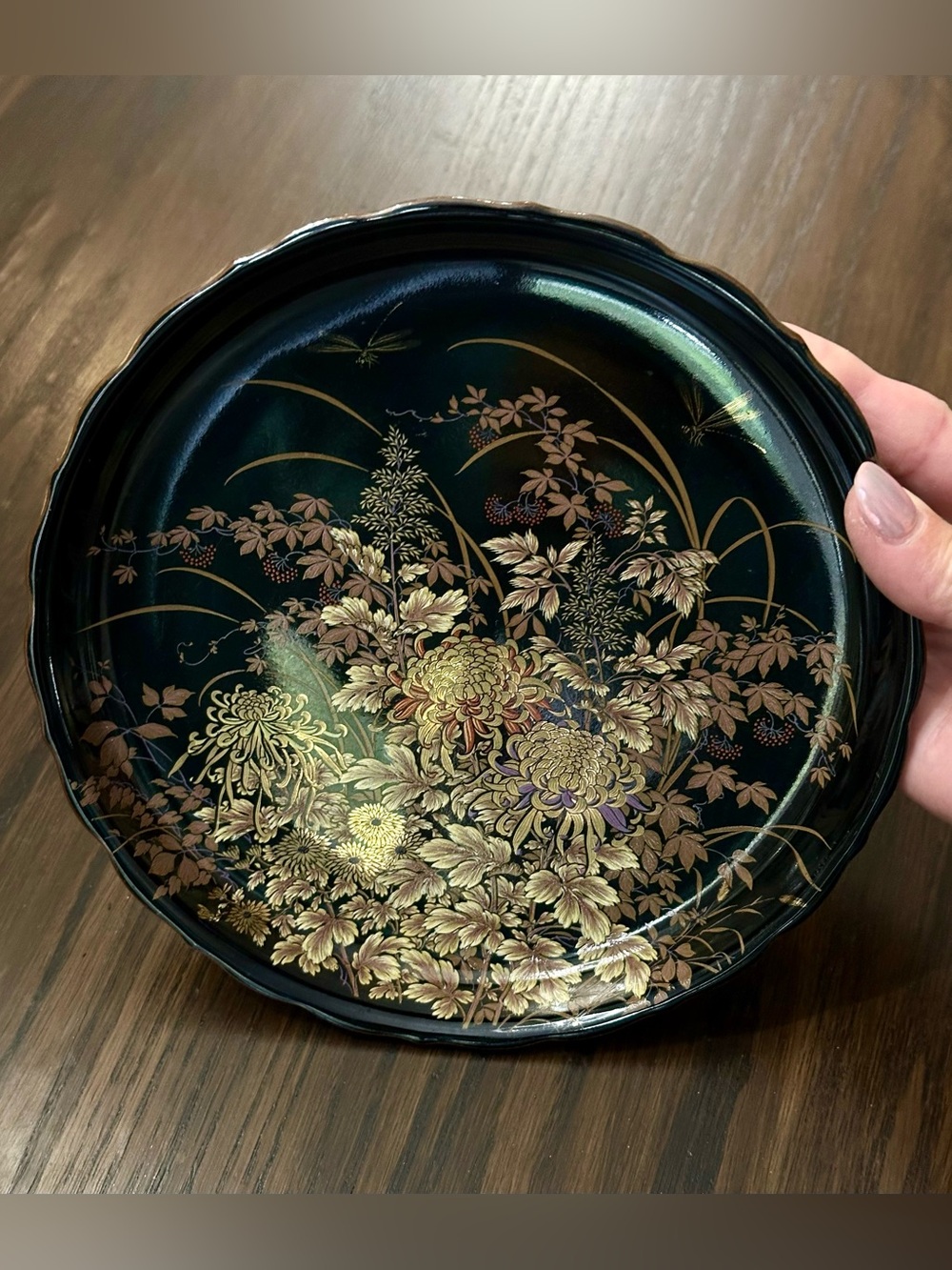 A Vintage (1970) Hand-Painted Porcelain Plate w/ Gold Floral/Drangonfly Design